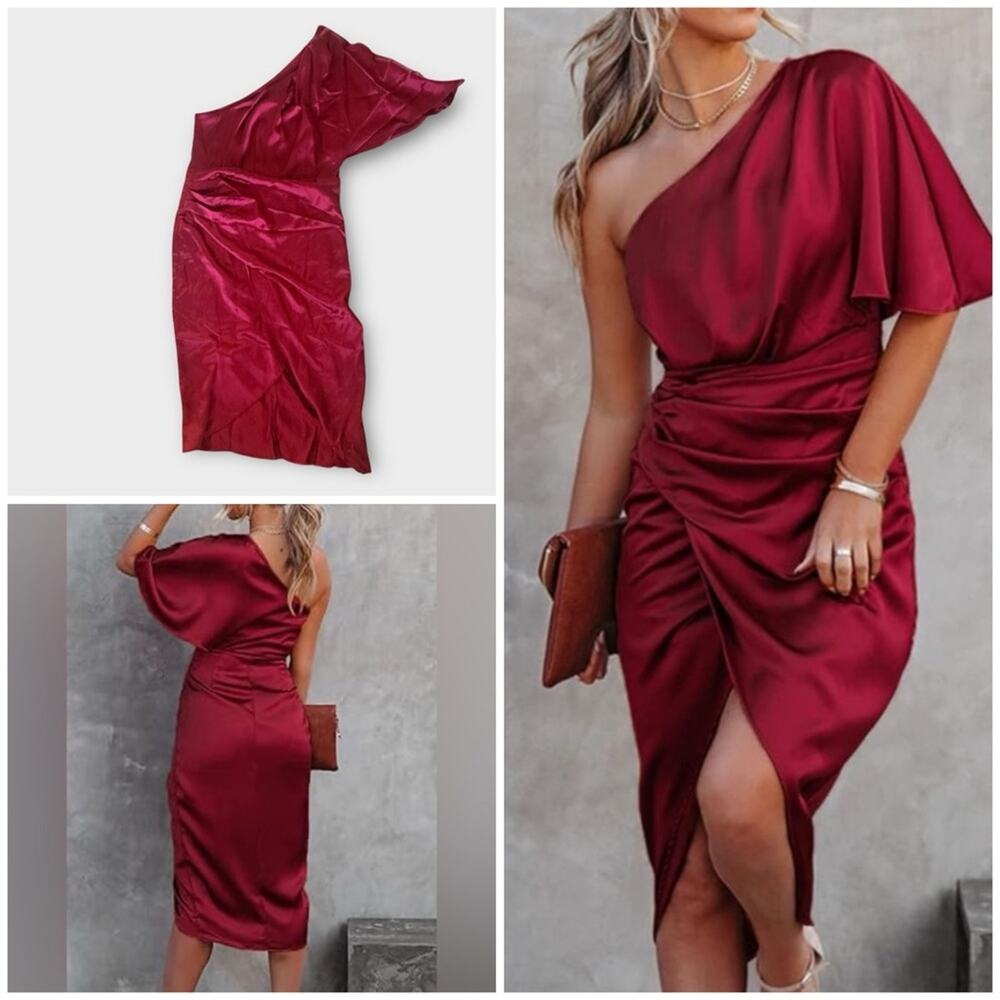 NEW Cupshe red satin faux wrap one shoulder midi dress - Picture 1 of 11